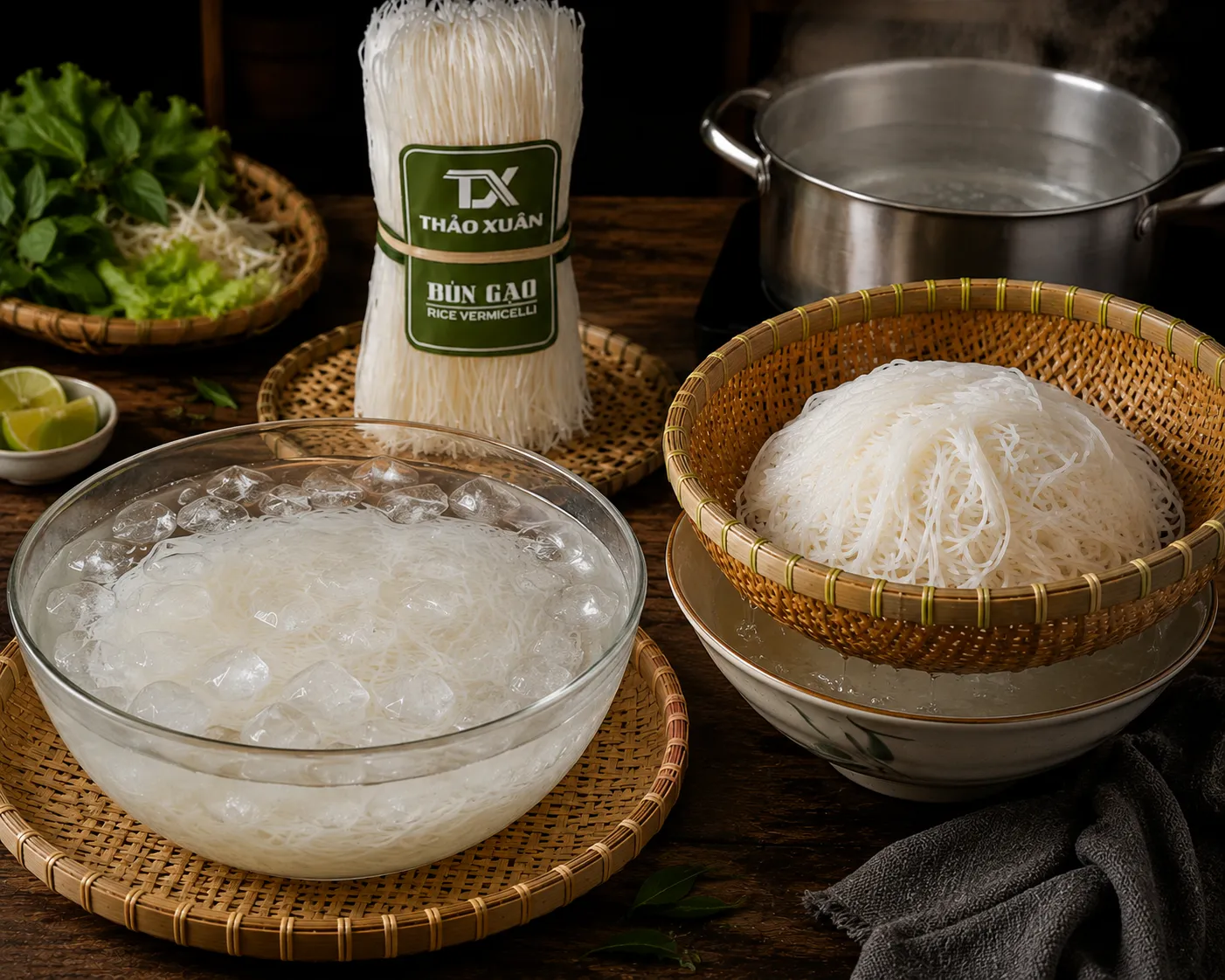 Cách Nấu Bún Khô Ngon Tại Nhà Chỉ Trong 10 Phút 5 Ngâm bún trong nước đá và vớt bún ra để ráo nước trước khi chế biến.