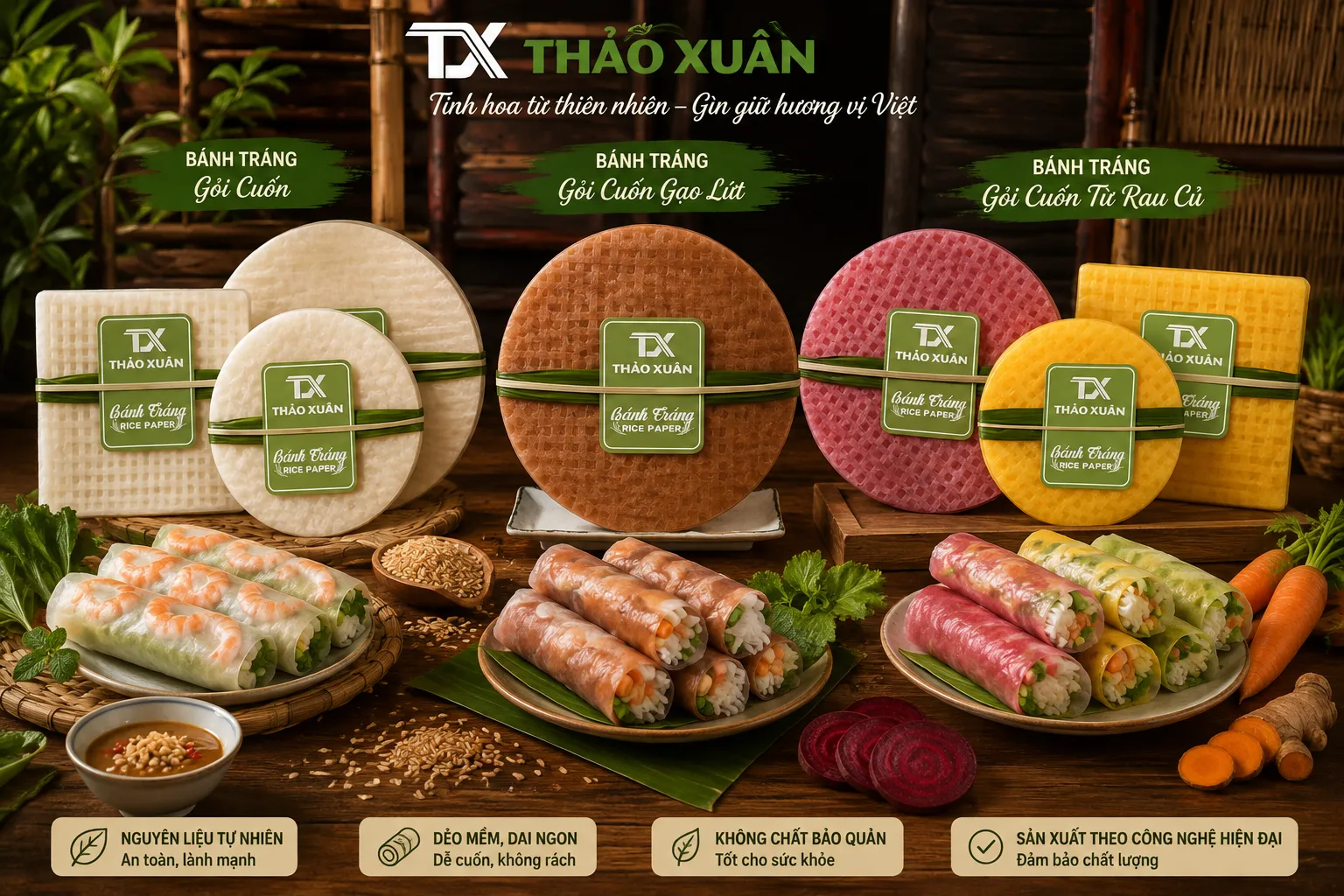 Các dòng bánh gỏi cuốn Thảo Xuân phù hợp nhiều món cuốn khác nhau.