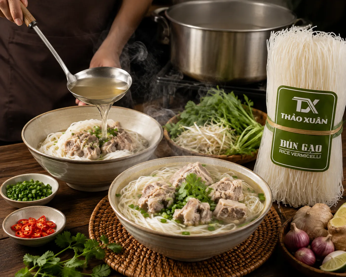 Thực hiện đúng các bước nấu giúp bún gạo nước có nước dùng thanh ngọt và sợi bún dai mềm.