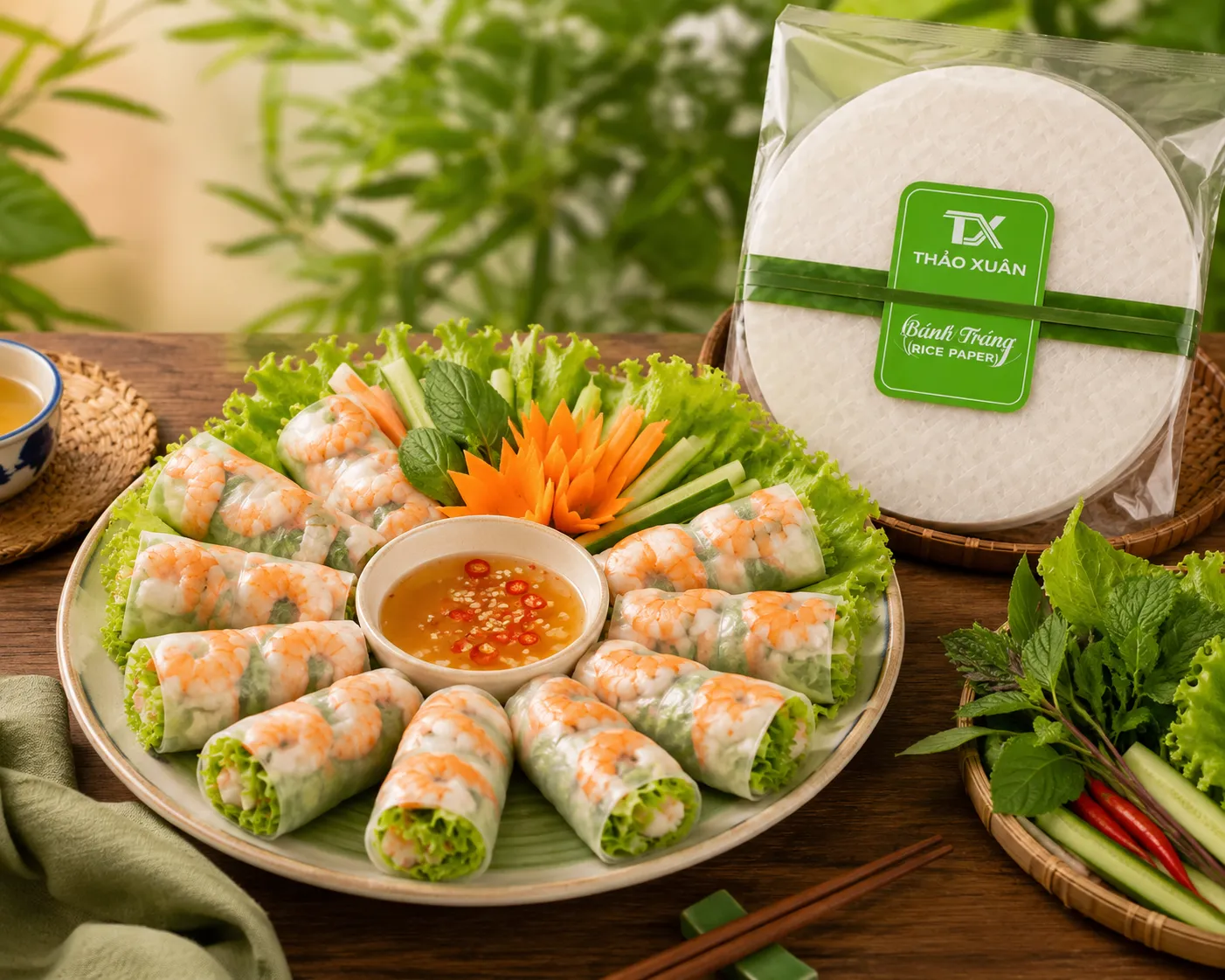 Bánh cuốn gỏi tôm tươi ngon với tôm, rau sống và bánh tráng mềm dai.