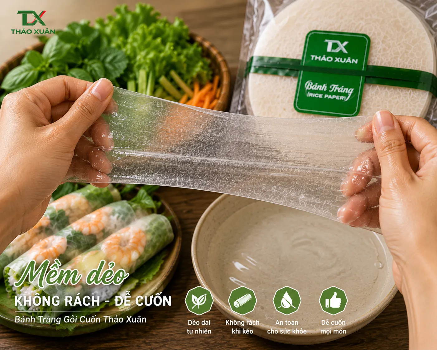 Làm mềm bánh gỏi cuốn đúng cách giúp bánh dẻo và hạn chế bị rách.