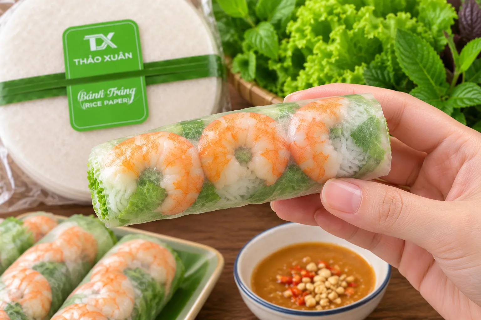 Cuốn bánh đúng kỹ thuật giúp bánh cuốn gỏi tôm đẹp và không bị rách.