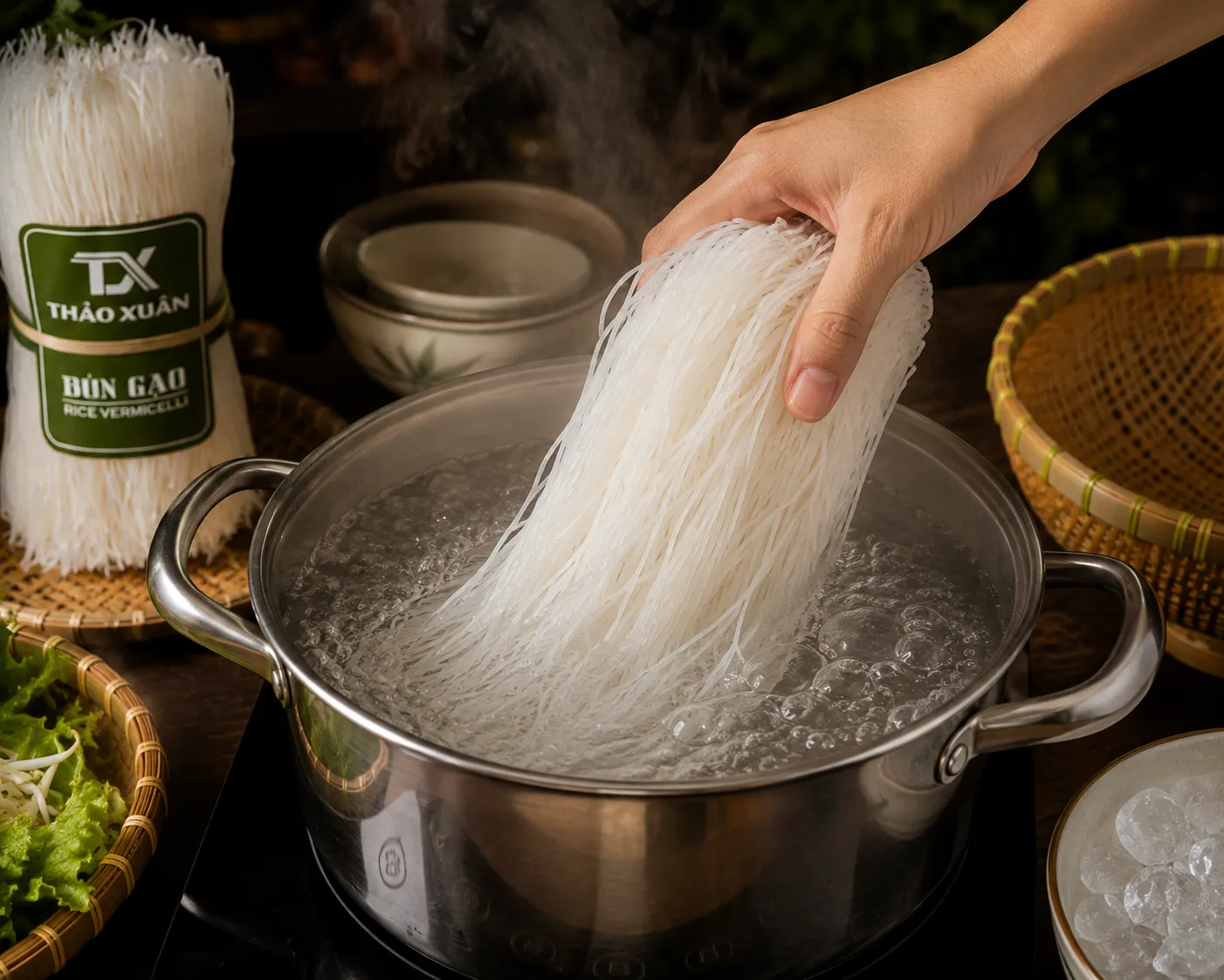 Luộc bún đúng thời gian giúp sợi bún chín đều và giữ được độ dai.