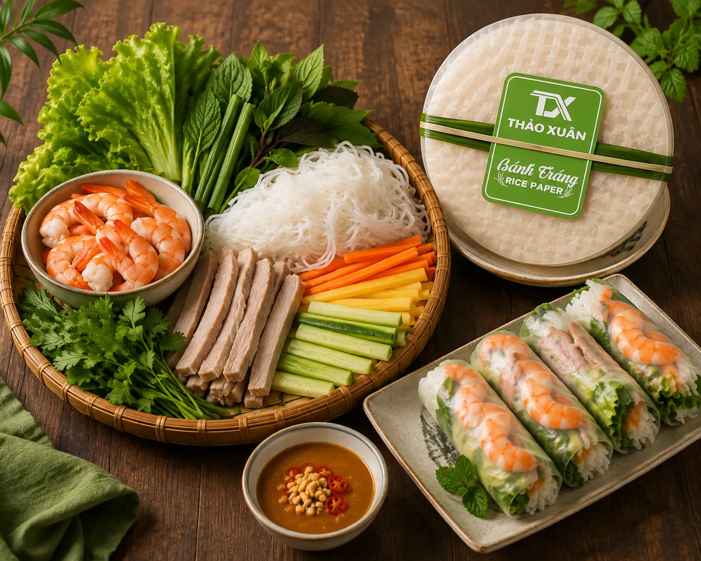 Chuẩn bị đầy đủ nguyên liệu để cuốn bánh gỏi cuốn ngon và đẹp mắt.