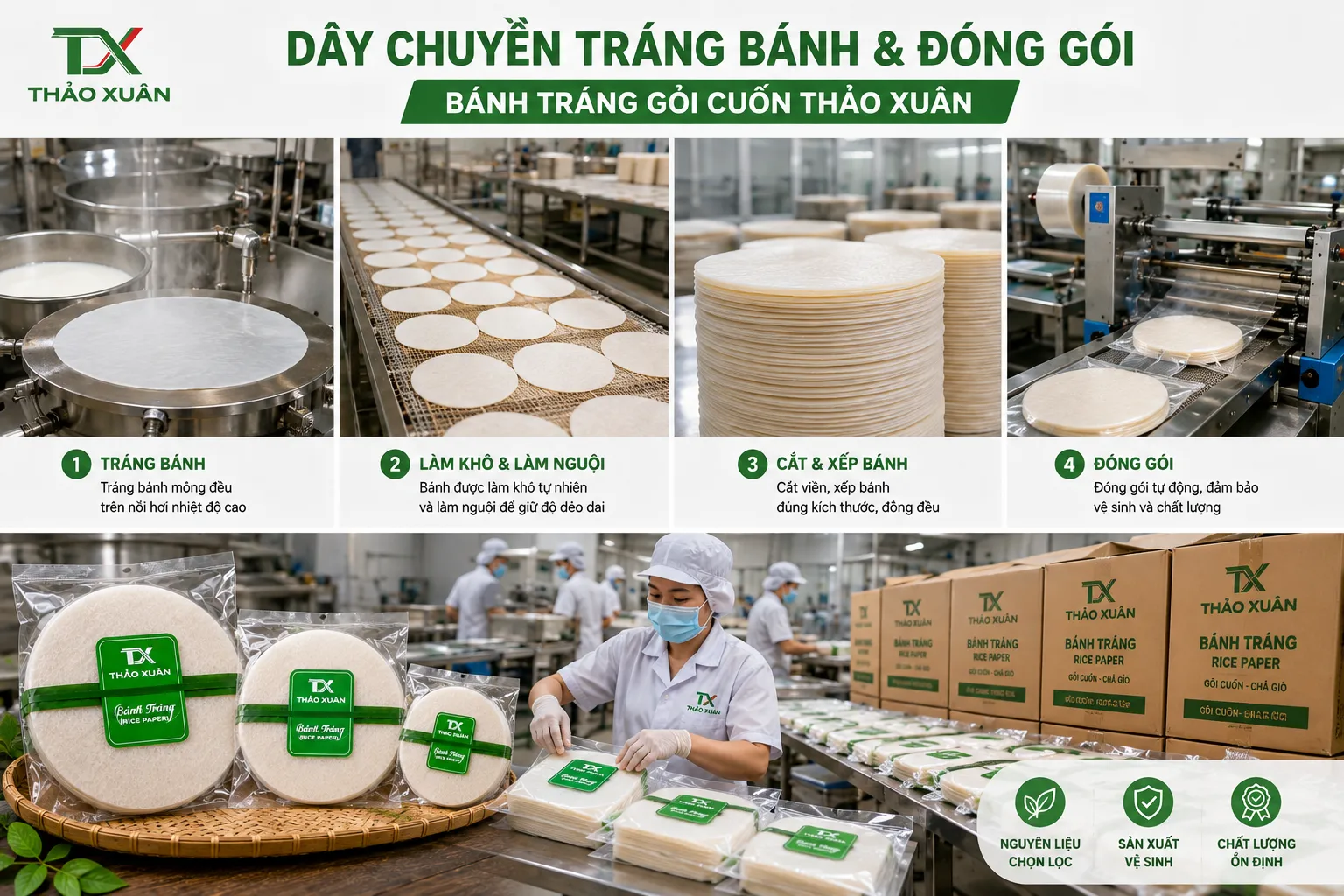 Quy trình sản xuất Bánh Đa Gỏi Cuốn đảm bảo vệ sinh và chất lượng đồng đều.