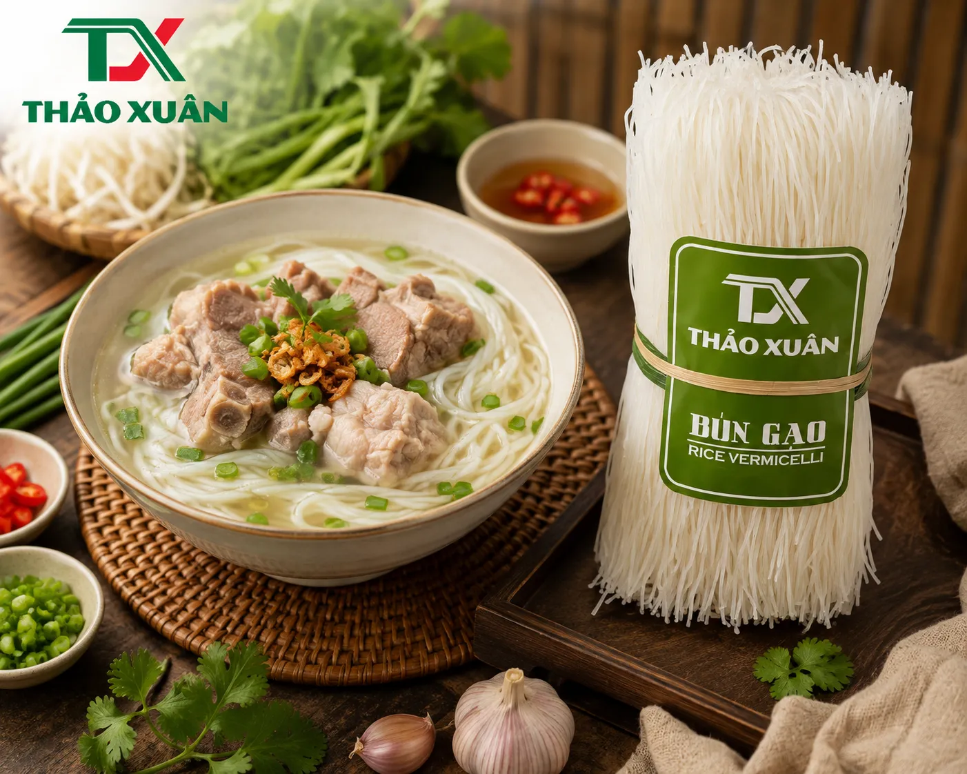 Bún gạo nước xương heo với nước dùng trong ngọt, sợi bún dai mềm và rau thơm hấp dẫn.