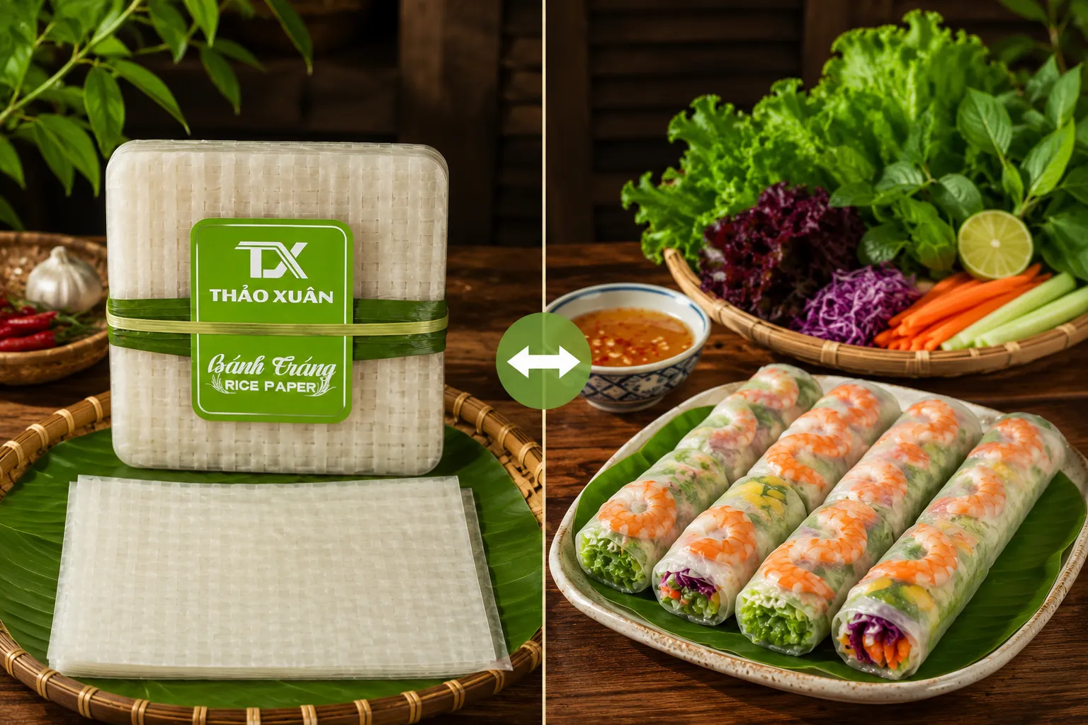 Bánh tráng vuông giúp gấp mép dễ dàng và tạo cuốn gỏi cân đối.